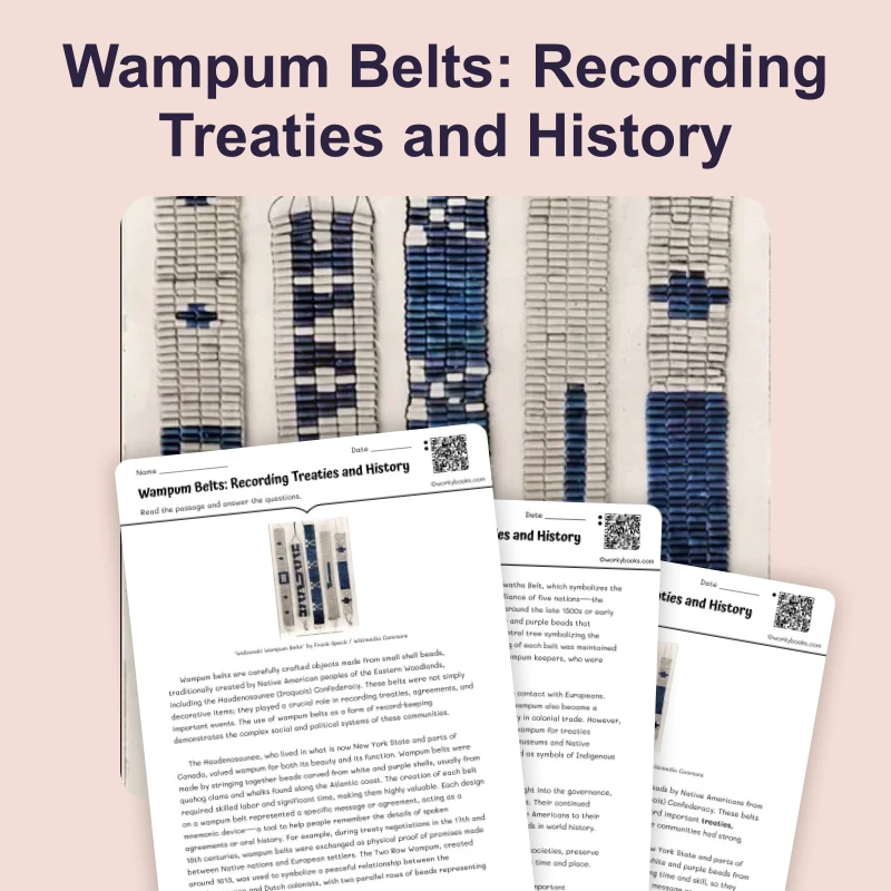 Wampum Belts — reading — reading comprehension for Grade 5, Grade 6, Grade 7, Grade 8, page 1 of 4