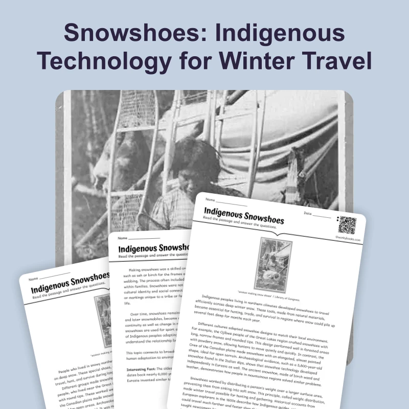 Indigenous Snowshoes — reading — reading comprehension for Grade 5, Grade 6, Grade 7, Grade 8, page 1 of 4