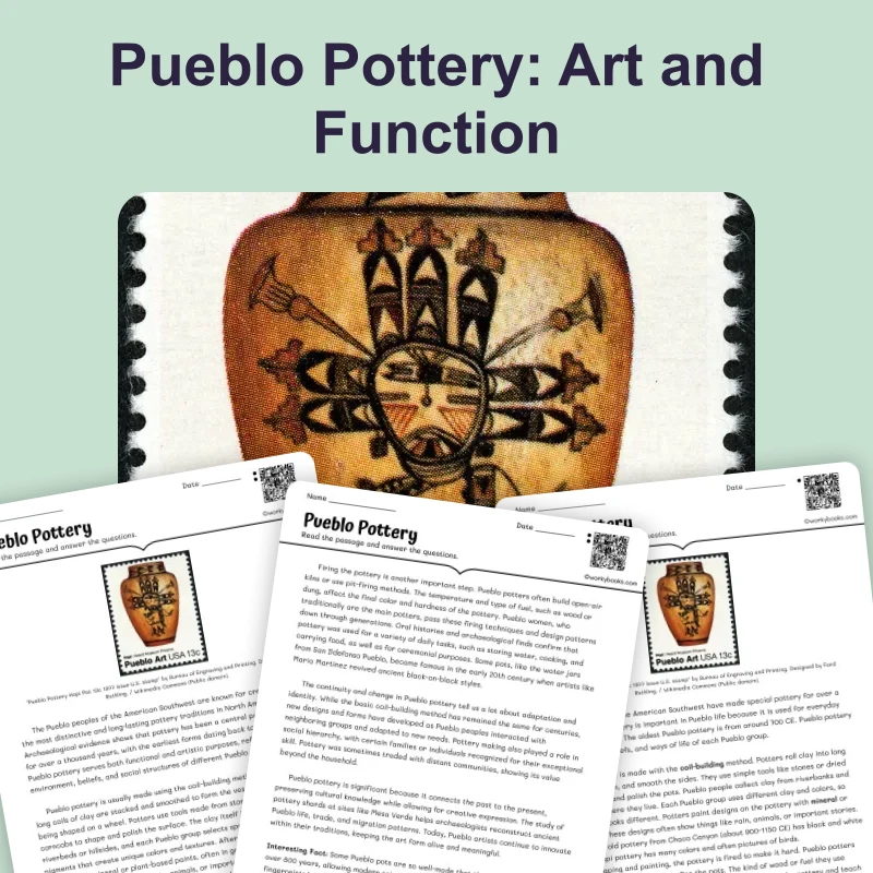 Pueblo Pottery — reading — reading comprehension for Grade 5, Grade 6, Grade 7, Grade 8, page 1 of 4