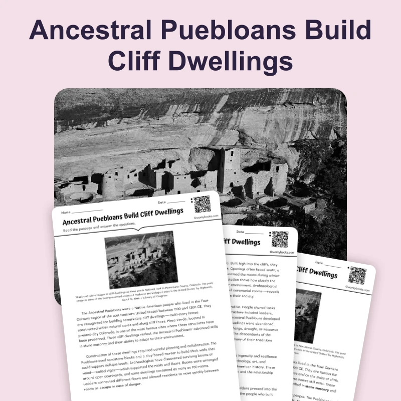 Ancestral Puebloan Cliff Dwellings — reading — reading comprehension for Grade 5, Grade 6, Grade 7, Grade 8, page 1 of 4
