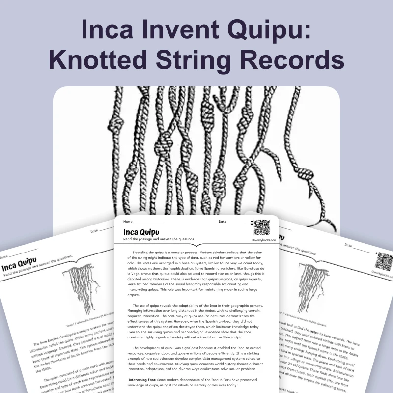 Inca Quipu — reading — reading comprehension for Grade 5, Grade 6, Grade 7, Grade 8, page 1 of 4