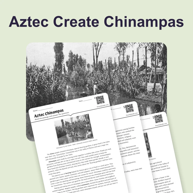 Aztec Chinampas — reading — reading comprehension for Grade 5, Grade 6, Grade 7, Grade 8, page 1 of 4