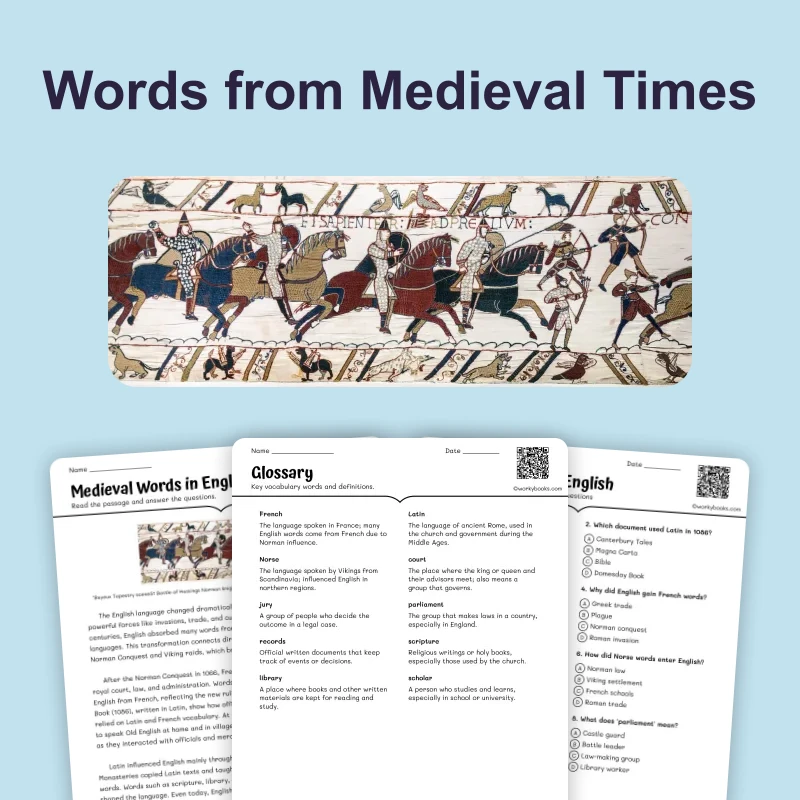 Medieval Words in English — reading — reading comprehension for Grade 5, Grade 6, Grade 7, Grade 8, page 1 of 4