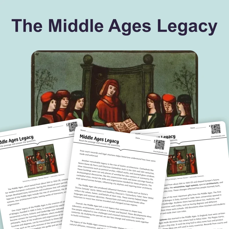 Middle Ages Legacy — reading — reading comprehension for Grade 5, Grade 6, Grade 7, Grade 8, page 1 of 4