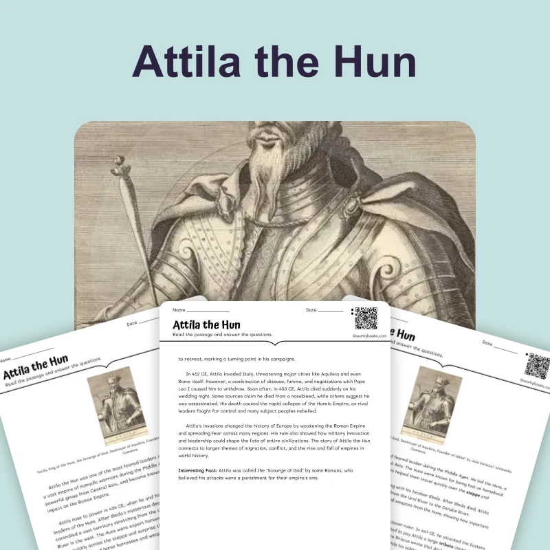 Attila the Hun — reading — reading comprehension for Grade 5, Grade 6, Grade 7, Grade 8, page 1 of 4