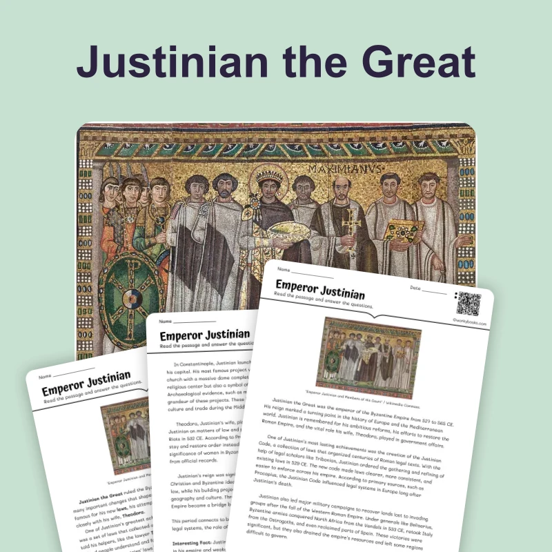 Emperor Justinian — reading — reading comprehension for Grade 5, Grade 6, Grade 7, Grade 8, page 1 of 4