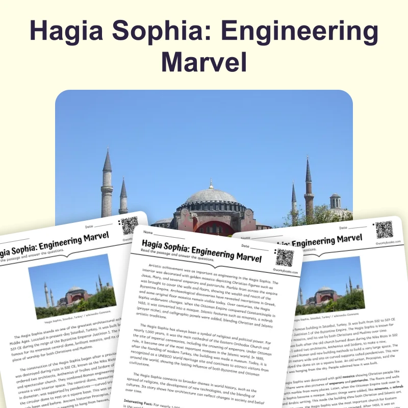 Hagia Sophia — reading — reading comprehension for Grade 5, Grade 6, Grade 7, Grade 8, page 1 of 4