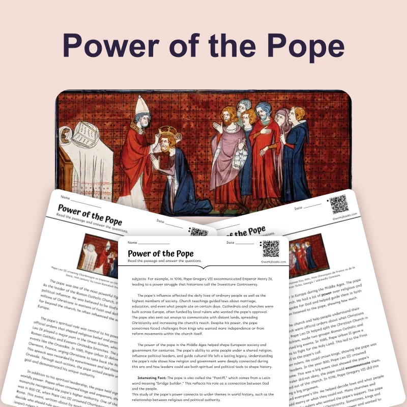 Power of the Pope — reading — reading comprehension for Grade 5, Grade 6, Grade 7, Grade 8, page 1 of 4