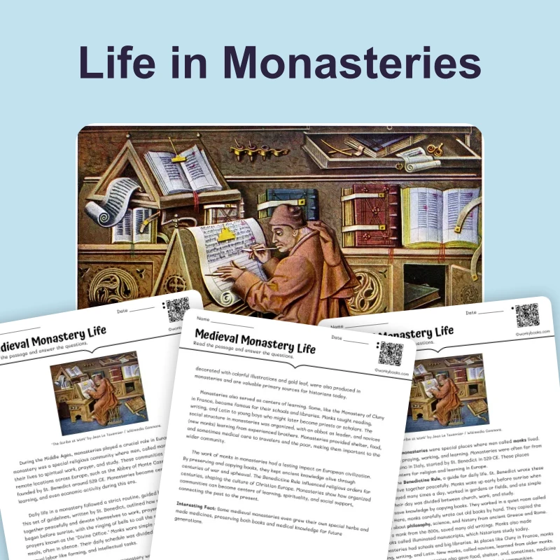 Medieval Monastery Life — reading — reading comprehension for Grade 5, Grade 6, Grade 7, Grade 8, page 1 of 4