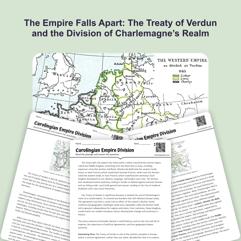 Treaty of Verdun Divides an Empire — reading — reading comprehension for Grade 5, Grade 6, Grade 7, Grade 8, page 1 of 4