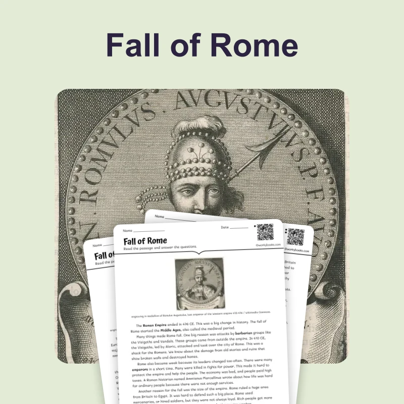 Fall of Rome — reading — reading comprehension for Grade 5, Grade 6, Grade 7, Grade 8, page 1 of 4