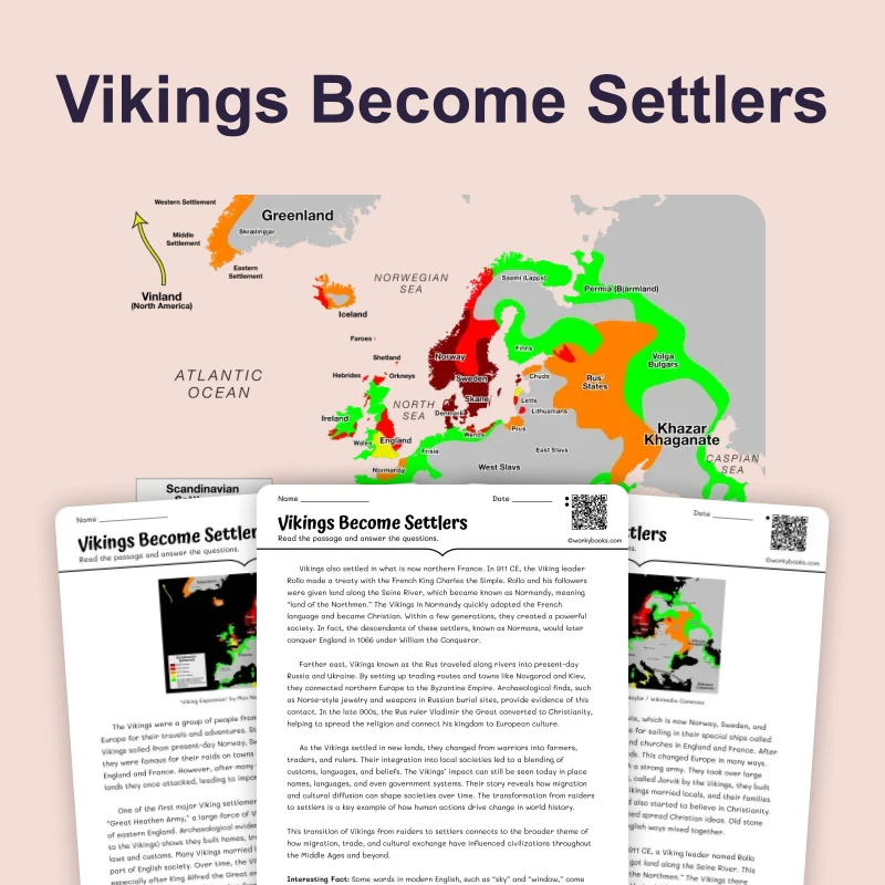 Viking Settlements — reading — reading comprehension for Grade 5, Grade 6, Grade 7, Grade 8, page 1 of 4