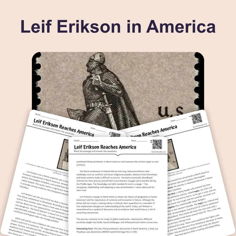 Leif Erikson Reaches America — reading — reading comprehension for Grade 5, Grade 6, Grade 7, Grade 8, page 1 of 4