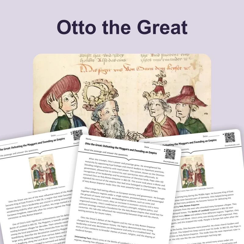 Otto the Great and the Holy Roman Empire — reading — reading comprehension for Grade 5, Grade 6, Grade 7, Grade 8, page 1 of 4