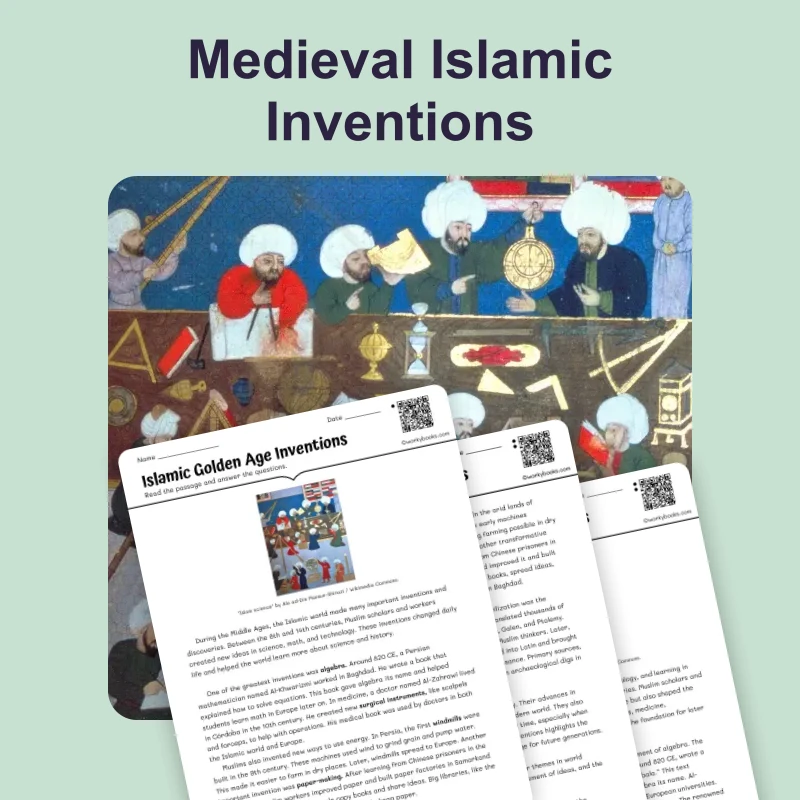 Islamic Golden Age Inventions — reading — reading comprehension for Grade 5, Grade 6, Grade 7, Grade 8, page 1 of 4