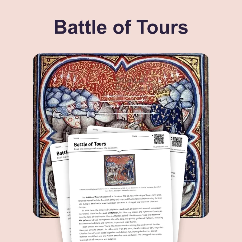Battle of Tours 732 — reading — reading comprehension for Grade 5, Grade 6, Grade 7, Grade 8, page 1 of 4