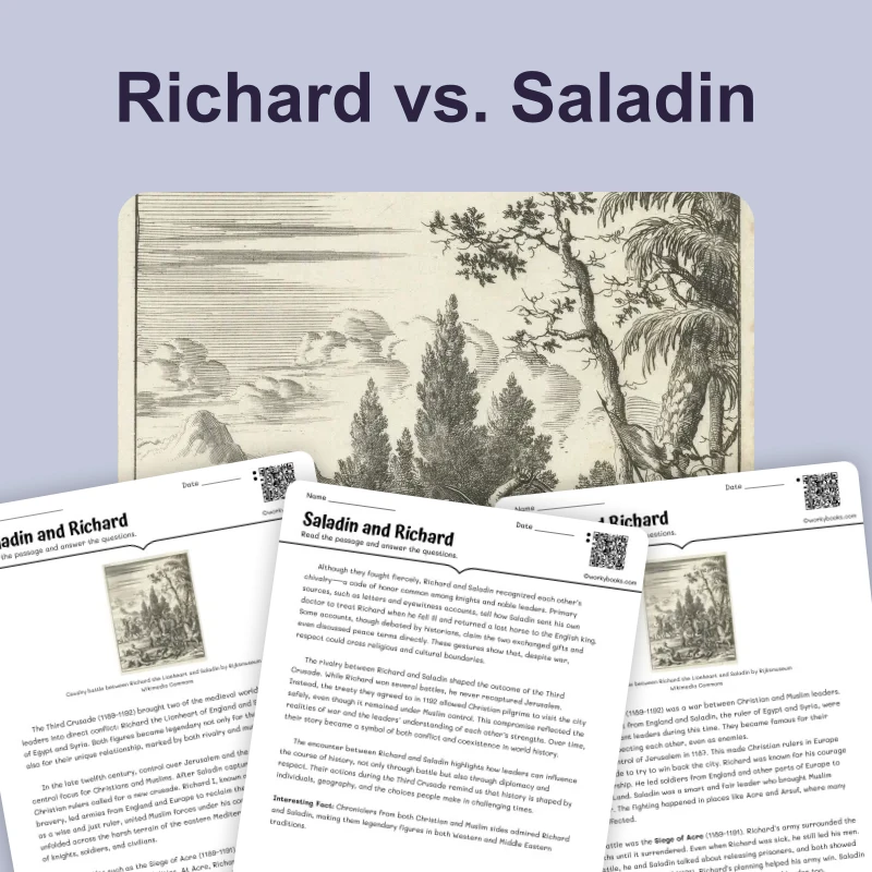 Saladin and Richard the Lionheart — reading — reading comprehension for Grade 5, Grade 6, Grade 7, Grade 8, page 1 of 4