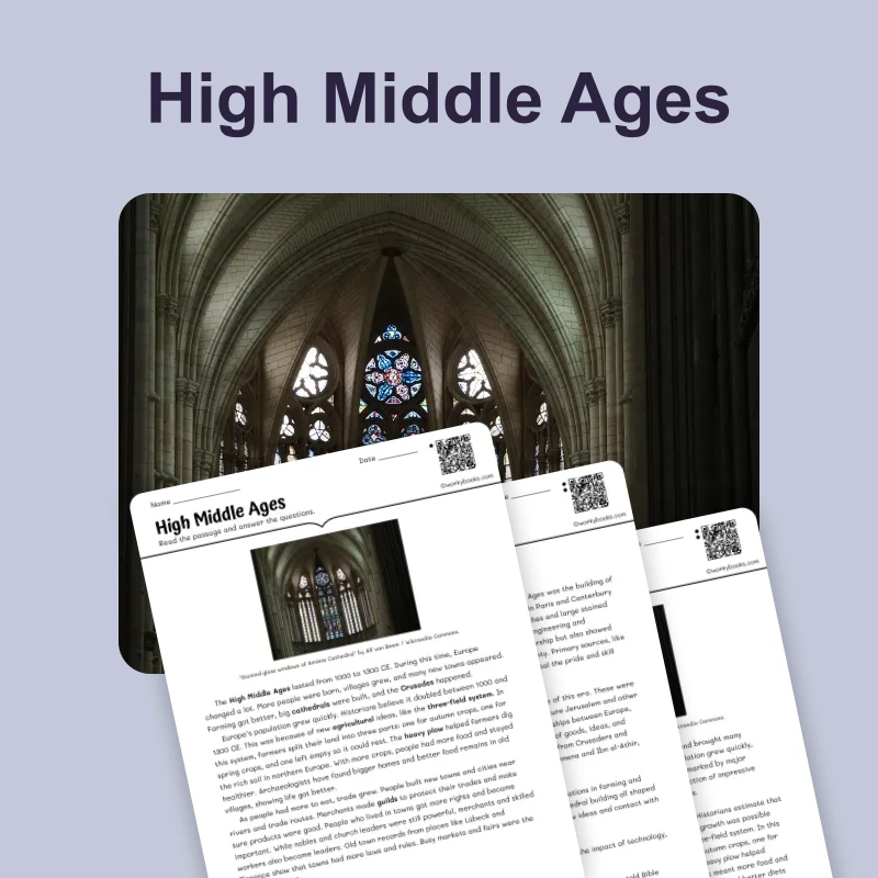 High Middle Ages — reading — reading comprehension for Grade 5, Grade 6, Grade 7, Grade 8, page 1 of 4