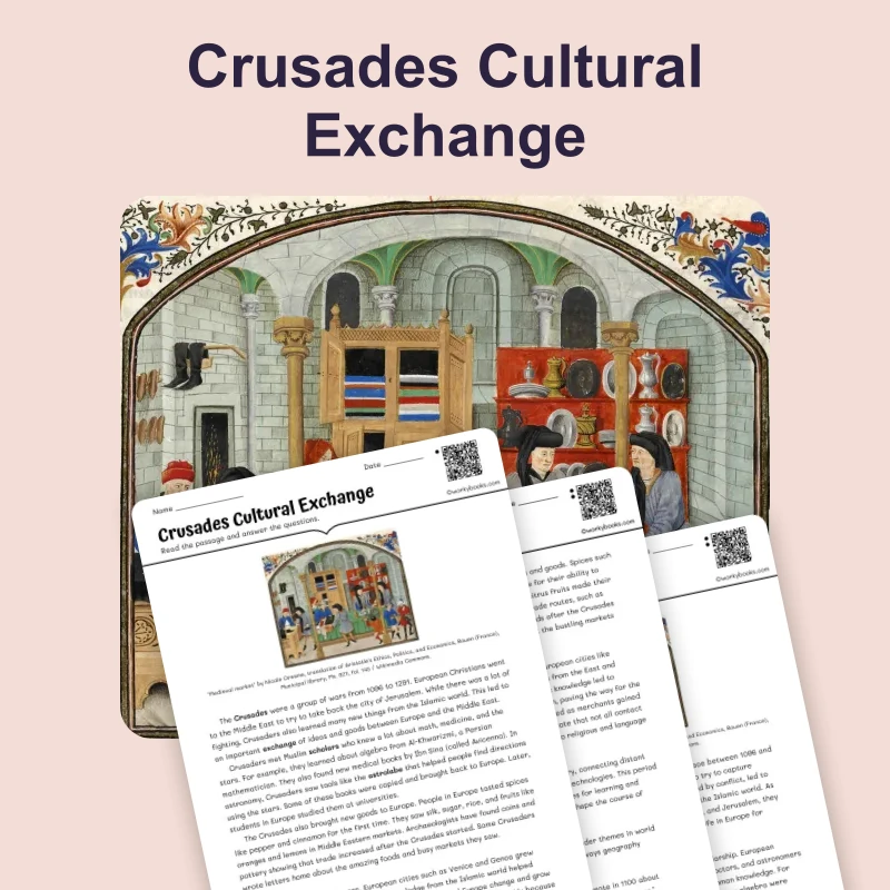 Cultural Exchange in the Crusades — reading — reading comprehension for Grade 5, Grade 6, Grade 7, Grade 8, page 1 of 4
