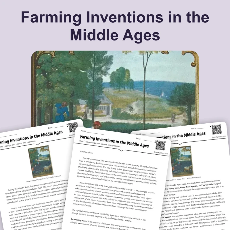 Medieval Agricultural Innovations — reading — reading comprehension for Grade 5, Grade 6, Grade 7, Grade 8, page 1 of 4