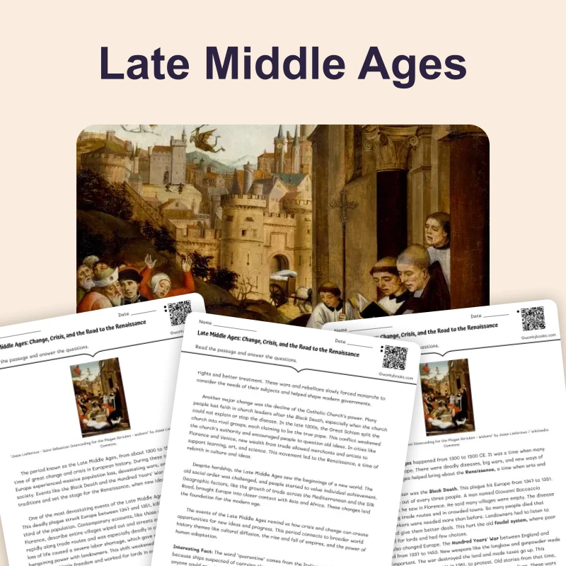 Late Middle Ages — reading — reading comprehension for Grade 5, Grade 6, Grade 7, Grade 8, page 1 of 4