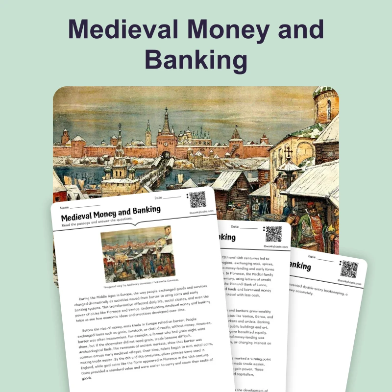 Medieval Money and Banking — reading — reading comprehension for Grade 5, Grade 6, Grade 7, Grade 8, page 1 of 4