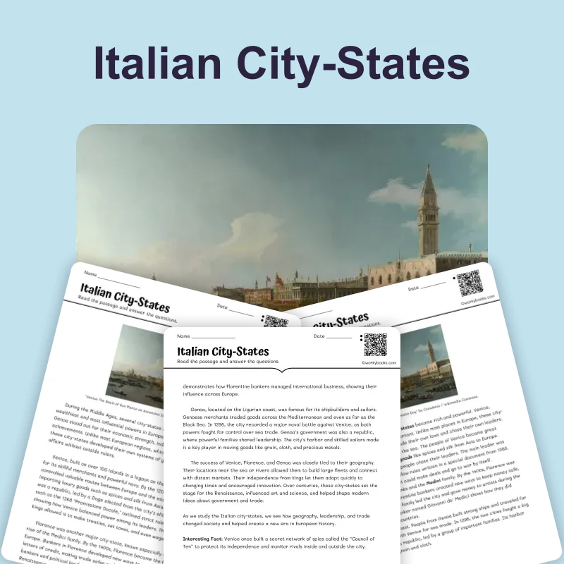 Italian City-States — reading — reading comprehension for Grade 5, Grade 6, Grade 7, Grade 8, page 1 of 4