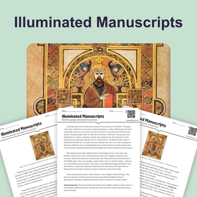 Illuminated Manuscripts — reading — reading comprehension for Grade 5, Grade 6, Grade 7, Grade 8, page 1 of 4