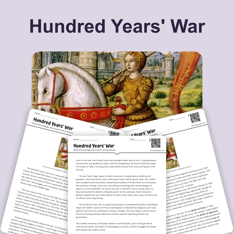 Hundred Years' War — reading — reading comprehension for Grade 5, Grade 6, Grade 7, Grade 8, page 1 of 4