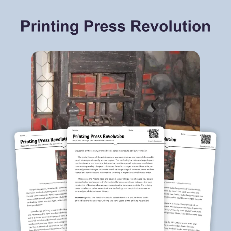 Printing Press Impact — reading — reading comprehension for Grade 5, Grade 6, Grade 7, Grade 8, page 1 of 4