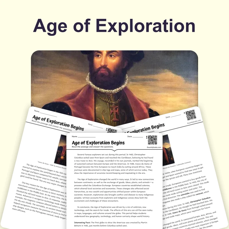 Age of Exploration Begins — reading — reading comprehension for Grade 5, Grade 6, Grade 7, Grade 8, page 1 of 4