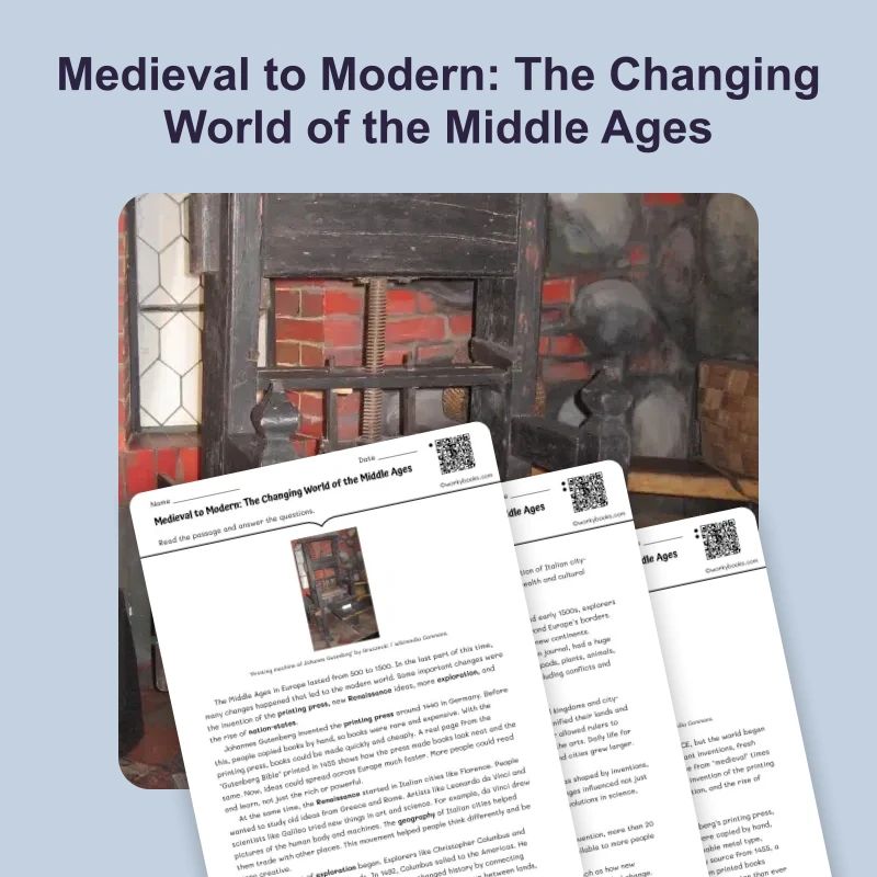 Medieval to Modern Transition — reading — reading comprehension for Grade 5, Grade 6, Grade 7, Grade 8, page 1 of 4