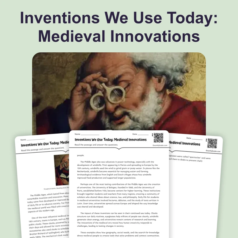 Medieval Inventions — reading — reading comprehension for Grade 5, Grade 6, Grade 7, Grade 8, page 1 of 4