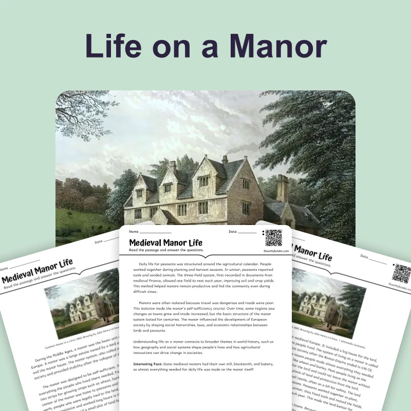 Medieval Manor Life — reading — reading comprehension for Grade 5, Grade 6, Grade 7, Grade 8, page 1 of 4
