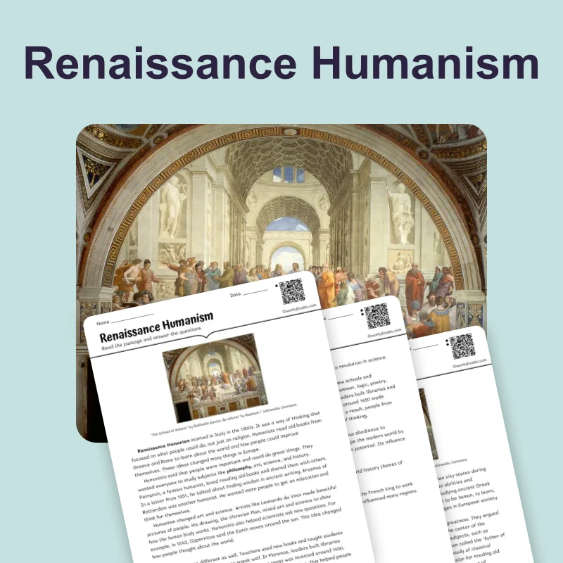 Renaissance Humanism — reading — reading comprehension for Grade 5, Grade 6, Grade 7, Grade 8, page 1 of 4