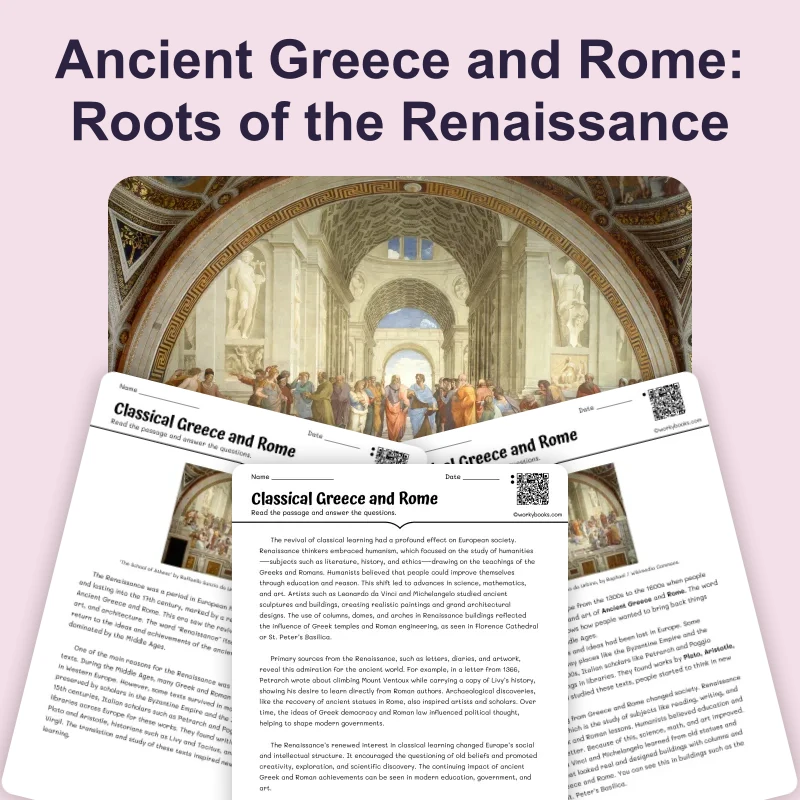 Classical Greece and Rome — reading — reading comprehension for Grade 5, Grade 6, Grade 7, Grade 8, page 1 of 4