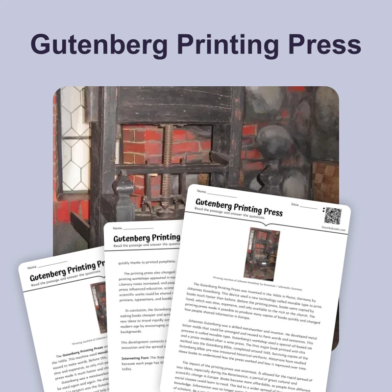Gutenberg Printing Press — reading — reading comprehension for Grade 5, Grade 6, Grade 7, Grade 8, page 1 of 4