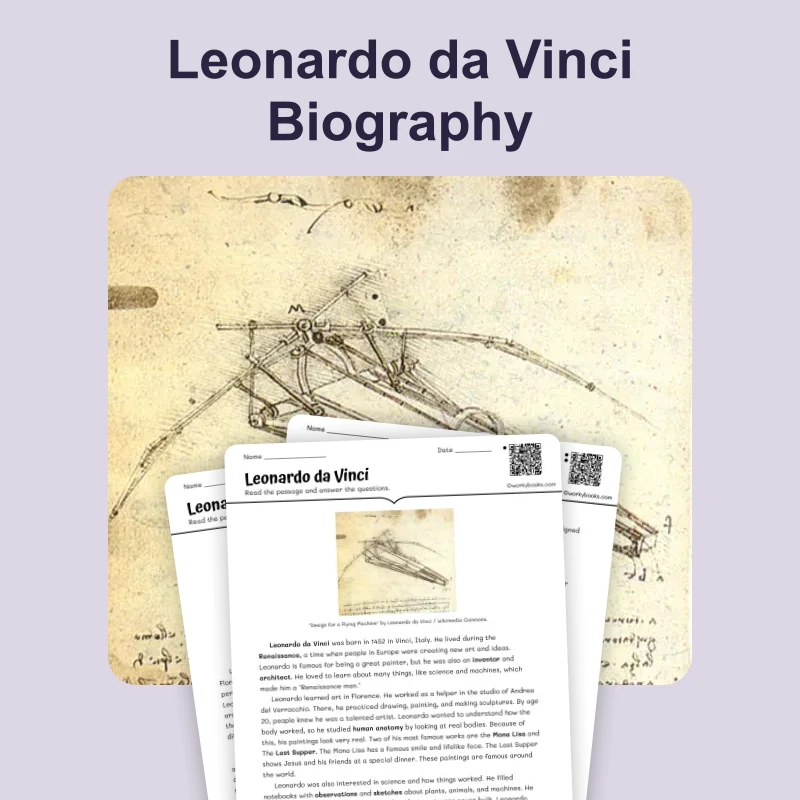 Leonardo da Vinci — reading — reading comprehension for Grade 5, Grade 6, Grade 7, Grade 8, page 1 of 4