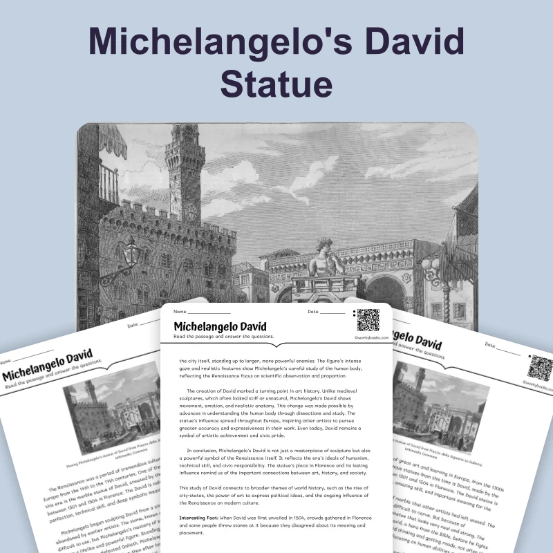 Michelangelo's David — reading — reading comprehension for Grade 5, Grade 6, Grade 7, Grade 8, page 1 of 4