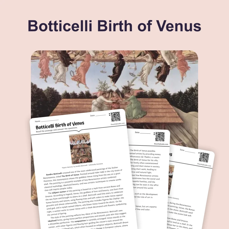 Botticelli Birth of Venus — reading — reading comprehension for Grade 5, Grade 6, Grade 7, Grade 8, page 1 of 4