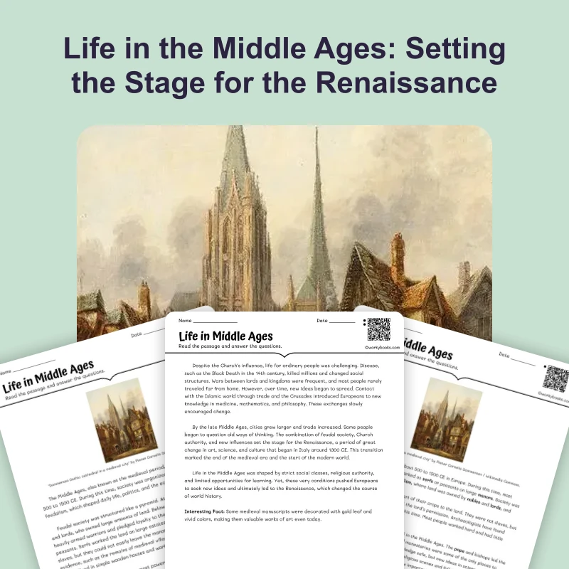 Life in Middle Ages — reading — reading comprehension for Grade 5, Grade 6, Grade 7, Grade 8, page 1 of 4