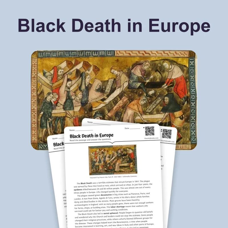 Black Plague Europe — reading — reading comprehension for Grade 5, Grade 6, Grade 7, Grade 8, page 1 of 4