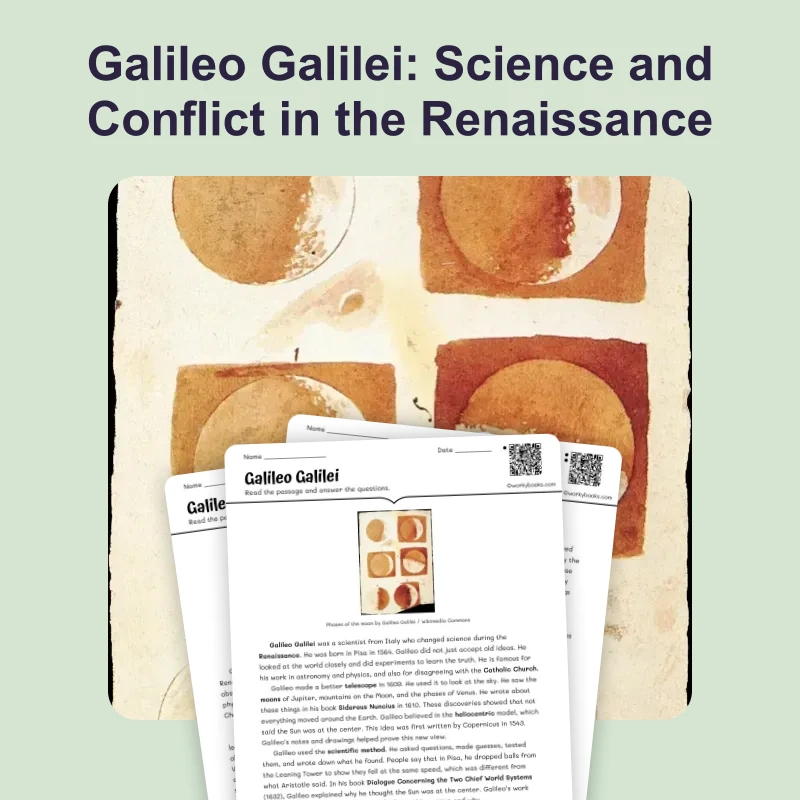 Galileo Galilei — reading — reading comprehension for Grade 5, Grade 6, Grade 7, Grade 8, page 1 of 4