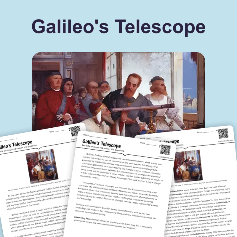 Galileo's Telescope — reading — reading comprehension for Grade 5, Grade 6, Grade 7, Grade 8, page 1 of 4