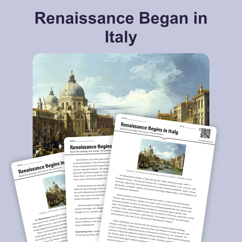 Renaissance Begins in Italy — reading — reading comprehension for Grade 5, Grade 6, Grade 7, Grade 8, page 1 of 4