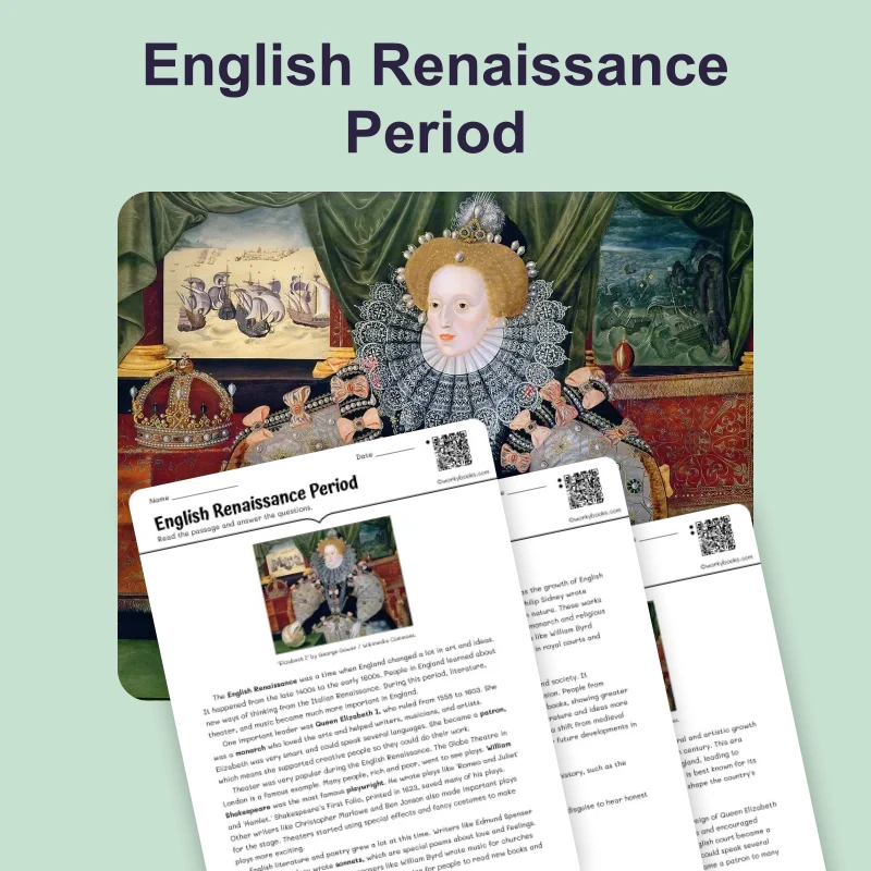 English Renaissance — reading — reading comprehension for Grade 5, Grade 6, Grade 7, Grade 8, page 1 of 4