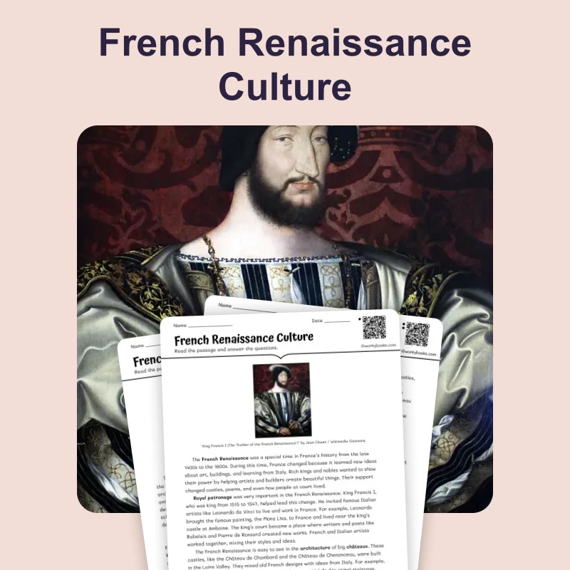 French Renaissance — reading — reading comprehension for Grade 5, Grade 6, Grade 7, Grade 8, page 1 of 4