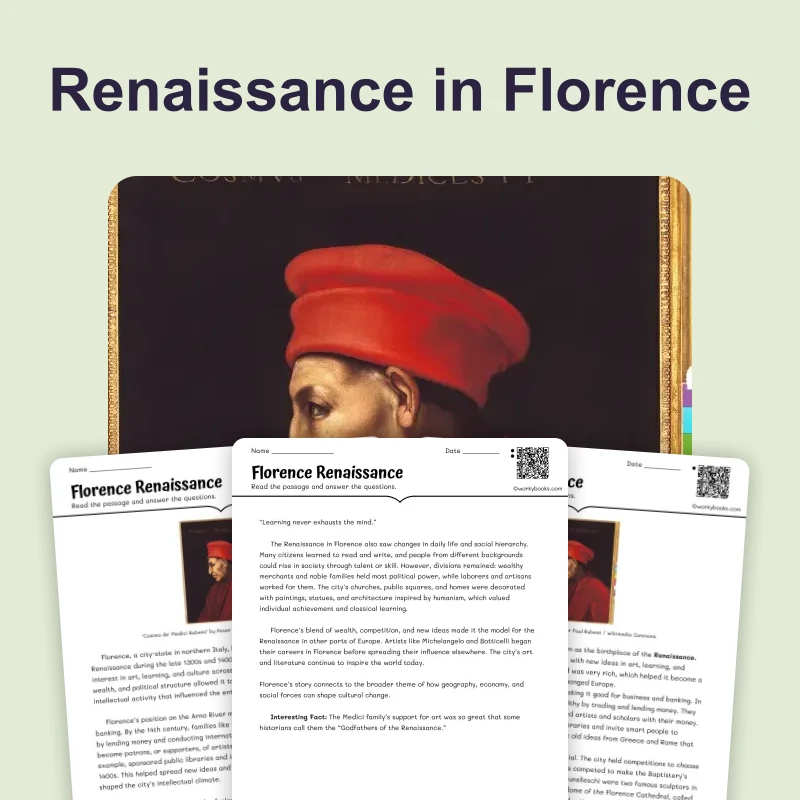 Florence Renaissance — reading — reading comprehension for Grade 5, Grade 6, Grade 7, Grade 8, page 1 of 4