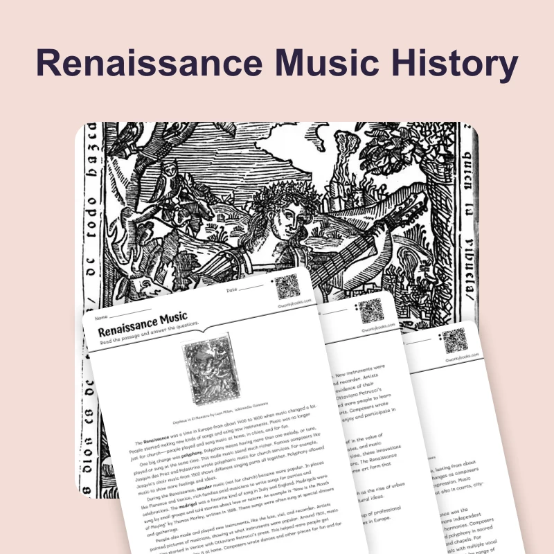 Renaissance Music — reading — reading comprehension for Grade 5, Grade 6, Grade 7, Grade 8, page 1 of 4