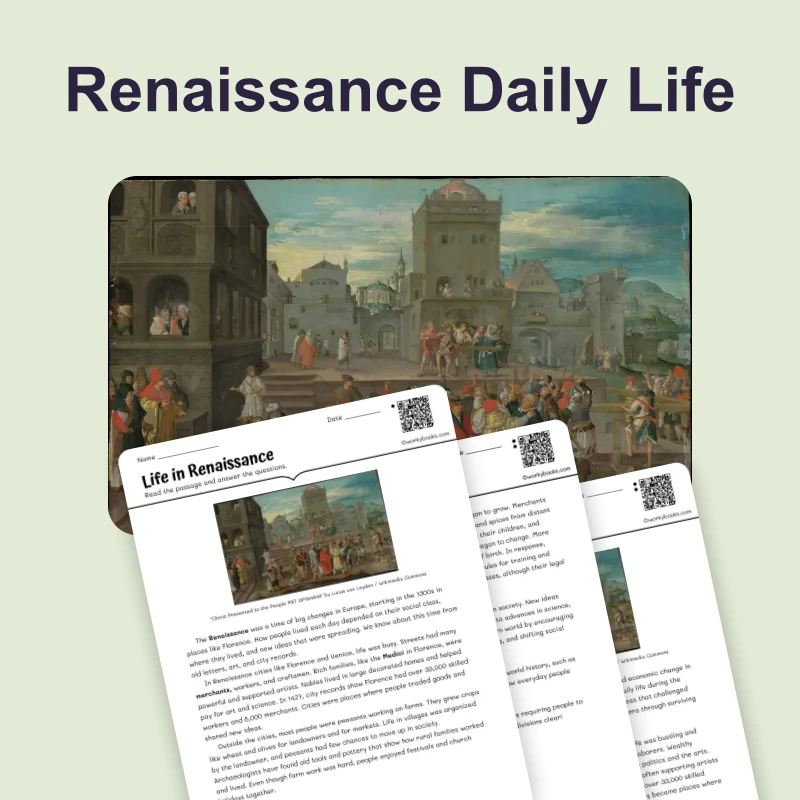 Renaissance Daily Life — reading — reading comprehension for Grade 5, Grade 6, Grade 7, Grade 8, page 1 of 4